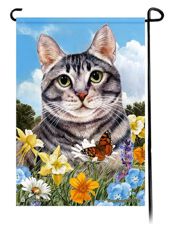 Silver Tabby Cat Summer Flowers Garden Flag - NEW!!!