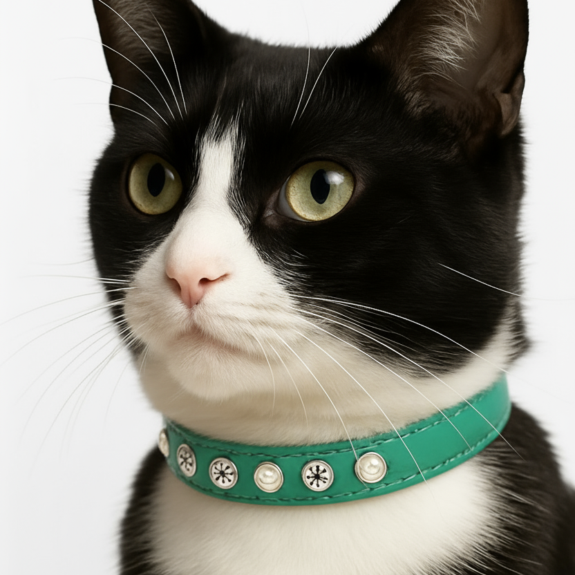 Black and white cat wearing a green collar with decorative studs on a white background
