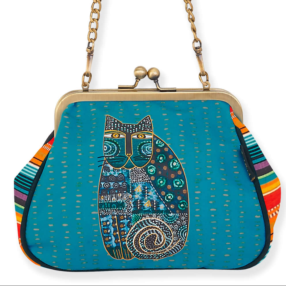 Colorful handbag with a cat design on a white background