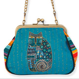 Colorful handbag with a cat design on a white background