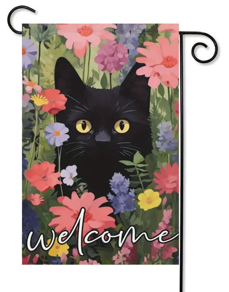 Black Cat in Flowers Garden Flag - NEW!!!