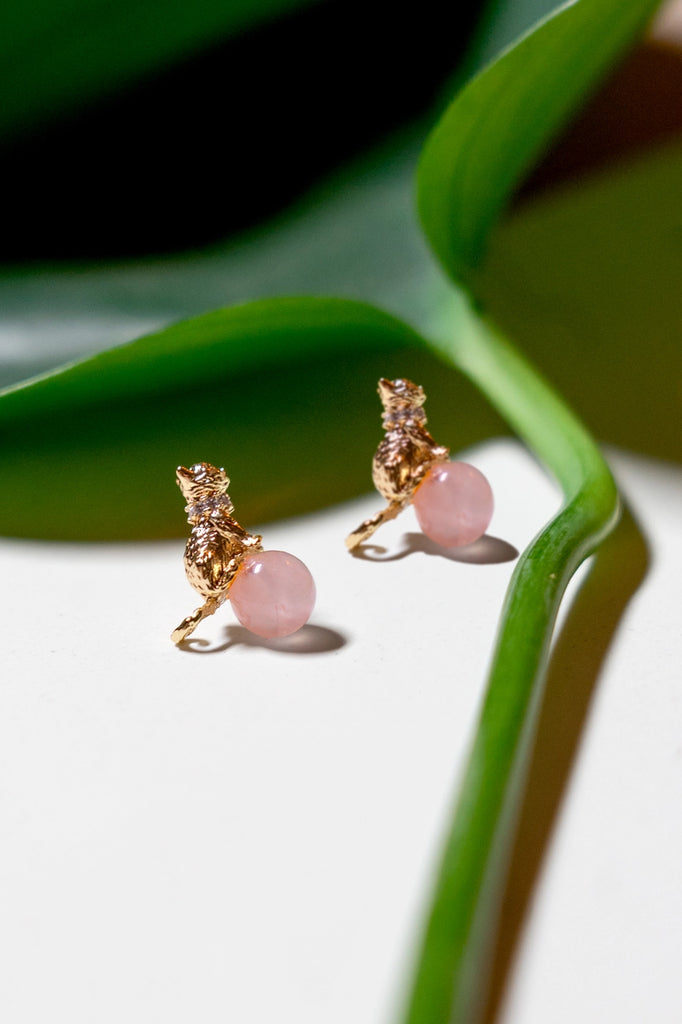 Cat's Cradle Stud Earrings - 18K Gold Plated, Rose Quartz - NEW!!!