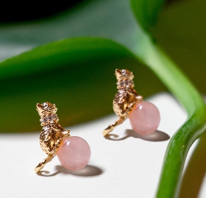 Cat's Cradle Stud Earrings - 18K Gold Plated, Rose Quartz - NEW!!!