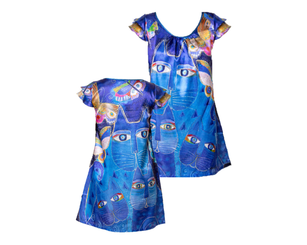 Laurel Burch™ Indigo Cats Satin Flutter Sleeve Chemise Lounger - SALE - 40% OFF!