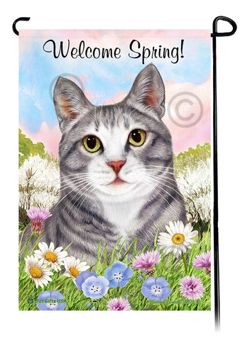 Welcome Spring Gray Tabby Garden Flag - NEW!!!