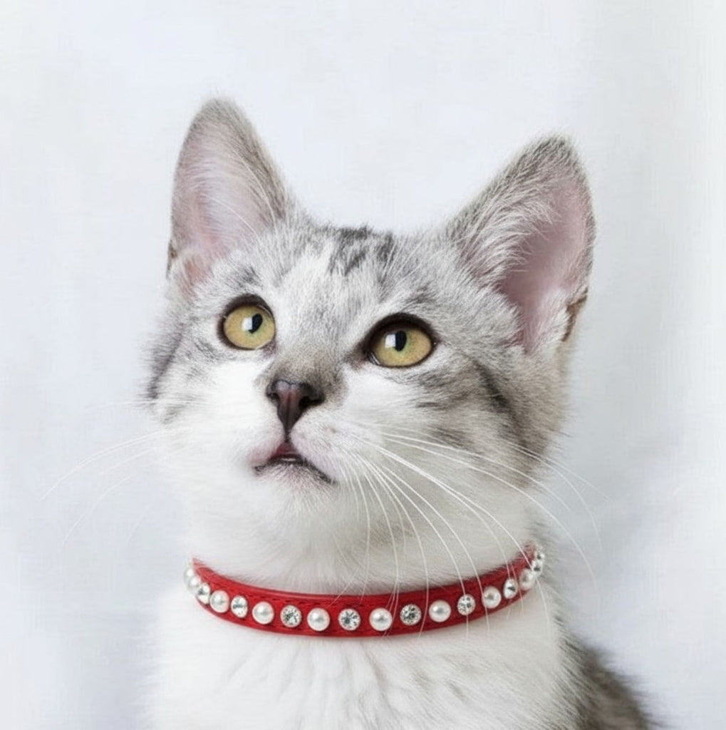 Deluxe Red Pearl & Crystal Cat Breakaway Collar - 2 Sizes Available -NEW!!!