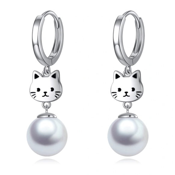 Silver Pearl Drop Cat Earrings - SALE - 25% OFF!!