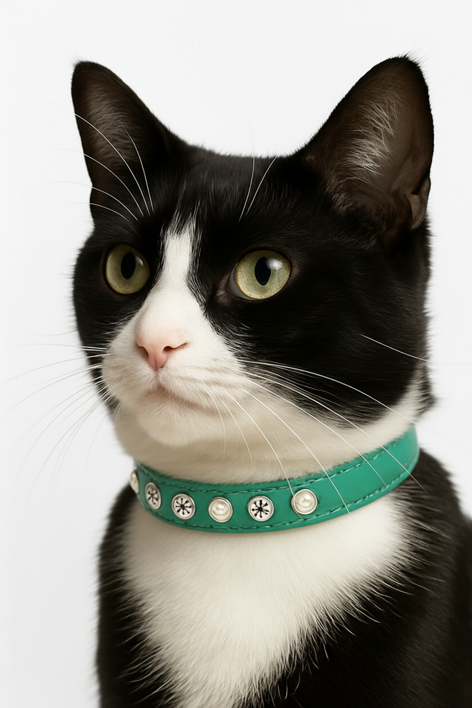 Black and white cat wearing a green collar with decorative studs on a white background