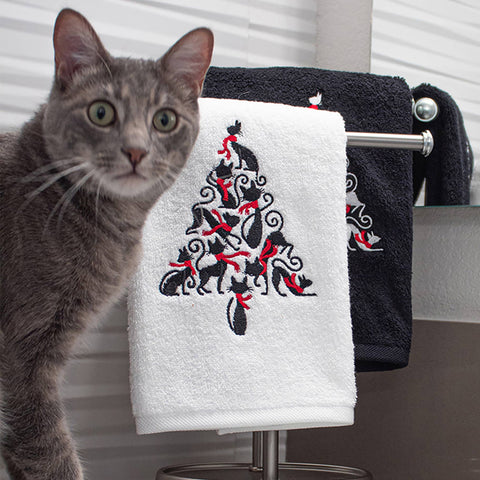 Embroidered Holiday Cat Tree Hand Towels - SALE - 15% OFF!!  LOW STOCK!